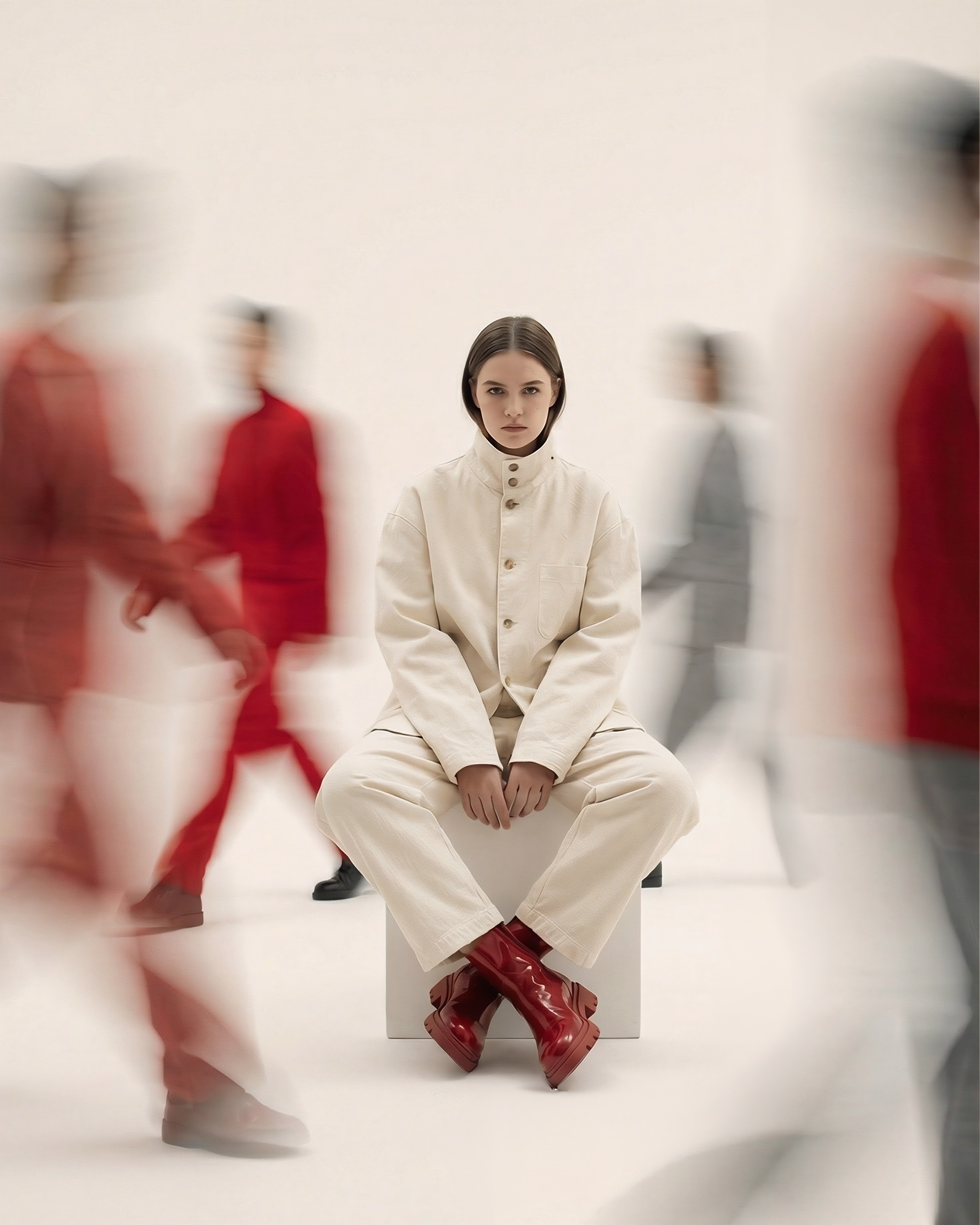 Model wearing a white knit hood